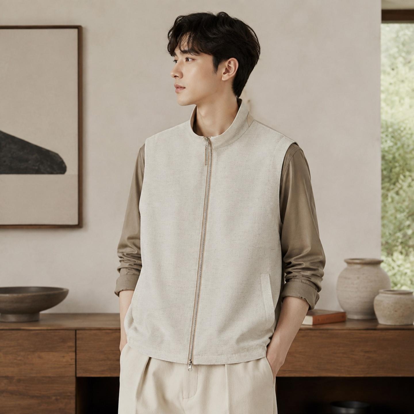 Plock New Men's Casual Vest Spring and Autumn Stand Collar Zipper Version Waistcoat Young and Middle-aged Business Old Money Fengma