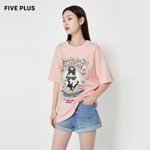 FIVE PLUS女夏装设计感复古风T恤女短袖中长刺绣印花上衣