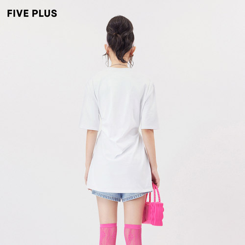 FIVE PLUST恤女复古天使图案短袖开叉别致上衣刺绣 - 图2