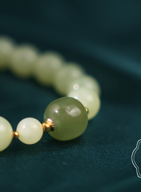 观檀和田玉黄口手串配18K金珠