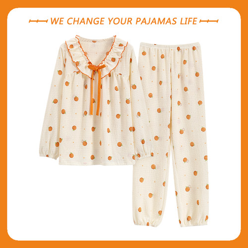北极绒纯棉睡衣女春秋季长袖长裤可爱公主风家居服夏天可外穿套装 - 图1