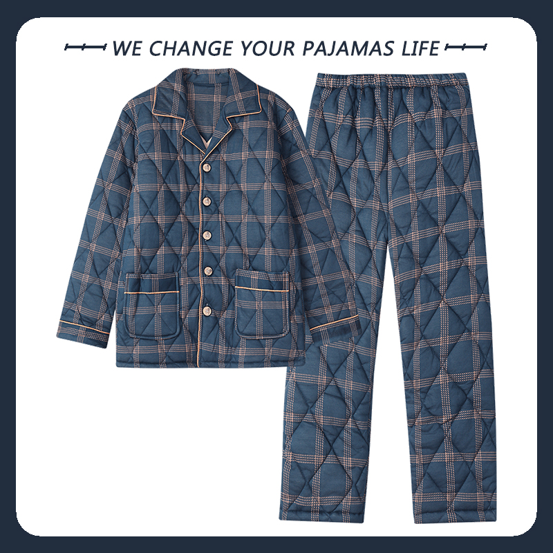 北极绒纯棉三层加厚睡衣男士冬季夹棉袄大码秋冬季棉衣家居服套装 - 图0