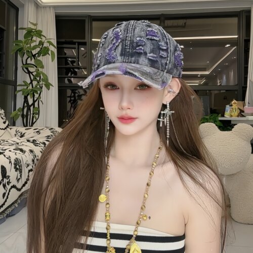 复古牛仔破洞棒球帽子女显脸小街头时尚磨毛边鸭舌帽夏季透气遮阳 - 图1
