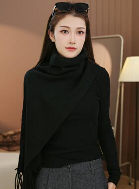 秋冬季老钱风高领流苏针织围巾女
