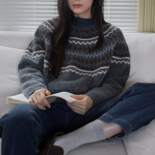 solighter法式复古羊毛费尔岛提花圆领毛衣女秋冬 - 图0