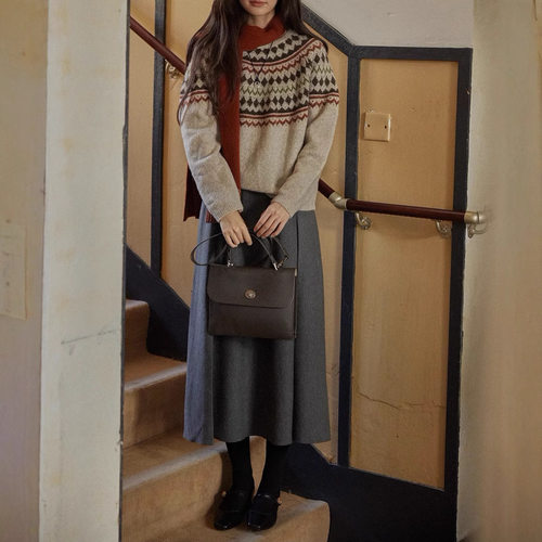 solighter法式复古羊毛费尔岛提花圆领毛衣女秋冬 - 图1