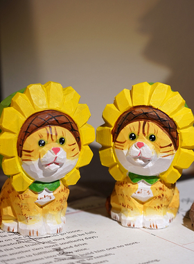 cosplay向日葵猫咪手工木雕摆件