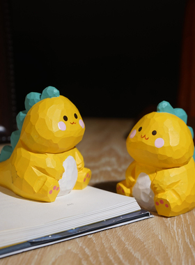 黄色小恐龙手工木雕小摆件