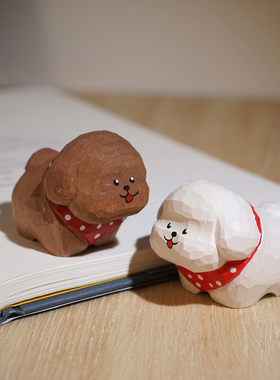 红围巾泰迪手工木雕小摆件