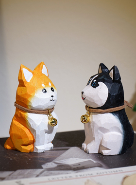 铃铛柴犬哈士奇手工木雕小摆件可爱卡通动物狗工位桌面装饰品礼物