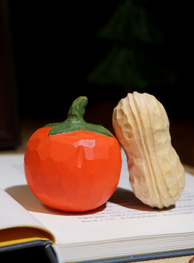 “好事发生”柿子花生 手工木雕小摆件喜庆好意头工位桌面装饰品