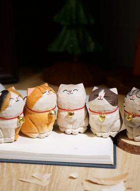 “小傲娇铃铛猫咪”手工木雕小摆件动物可爱工位书桌面装饰品礼物