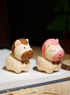 “亲昵小马驹”手工木雕小摆件可爱创意工位装饰品情侣马年礼物