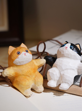 “猫咪荡秋千”手工木雕小摆件