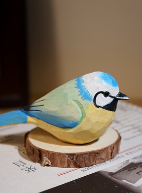 蓝知更鸟手工木雕小鸟摆件
