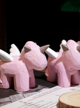 抽象艺术粉色独角兽手工木雕摆件