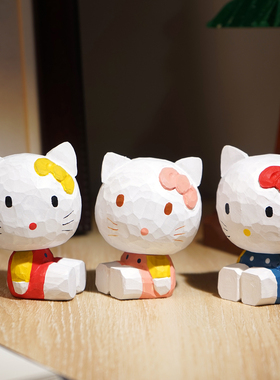 【清仓价】KT猫手工木雕小摆件卡通可爱哈喽凯蒂 头可以转动