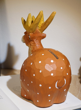 麋鹿手工木雕存钱罐零钱硬币储存创意可爱实用桌面摆件小学生礼物