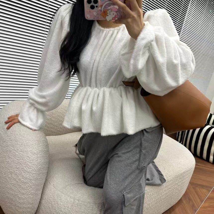韩国东大门纯色圆领套头泡泡袖抽绳收腰短款毛毛衬衫女娃娃衫,淘宝优惠券,粉丝福利购,淘宝优惠卷