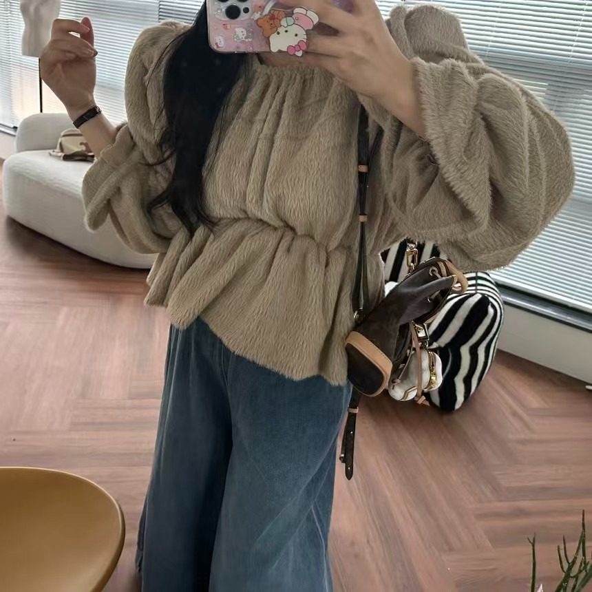 韩国东大门纯色圆领套头泡泡袖抽绳收腰短款毛毛衬衫女娃娃衫,淘宝优惠券,粉丝福利购,淘宝优惠卷