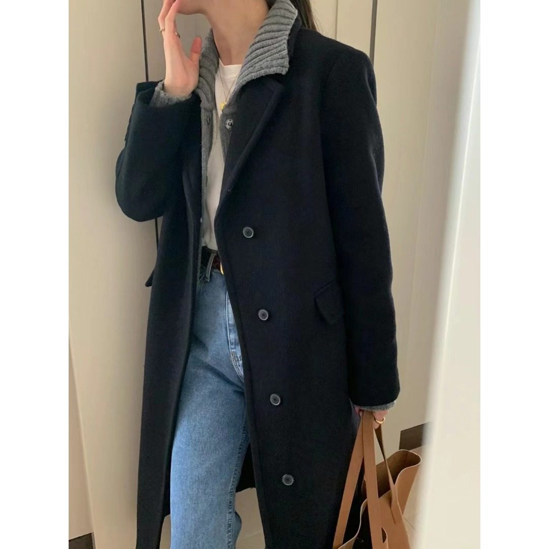 韩国东大门法式高级感气质西装领宽松百搭过膝长款毛呢外套女大衣,淘宝优惠券,粉丝福利购,淘宝优惠卷