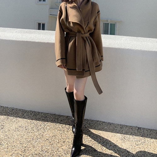 韩国东大门高级感羊绒呢子大衣女收腰显瘦保暖中长款斗篷毛呢外套 - 图0