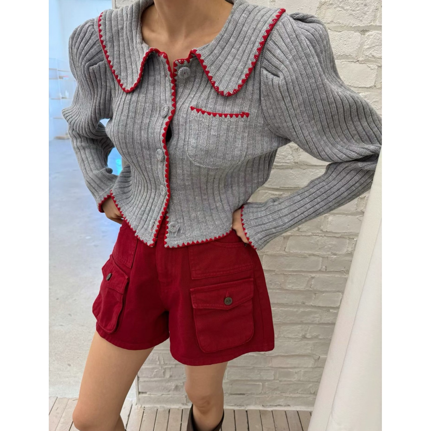 韩国东大门小众设计感娃娃领竖条纹修身显瘦坑条长袖针织毛衣女 - 图3