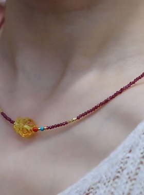 新中式925紫牙乌石榴石锁骨链 钻切工艺 超紫 超透 搭配金珀锦鲤