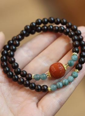 6mm小叶紫檀双圈手串天然蓝水翡翠情侣手串