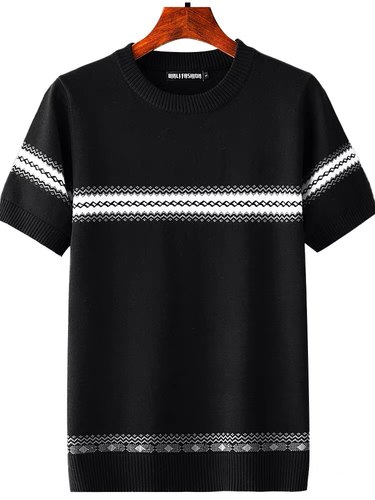 秋冬新款男士短袖毛衣半截袖圆领加厚提花修身大码针织衫打底线衣 - 图3