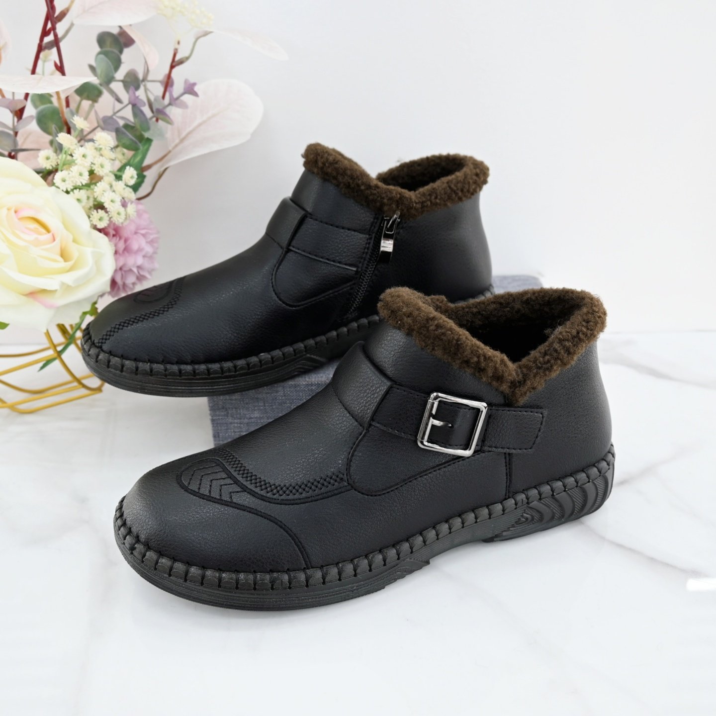 冬老北京仿皮面棉鞋加绒保暖老人妈妈鞋防滑牛筋软底拉链复古棉靴,淘宝优惠券,粉丝福利购,淘宝优惠卷