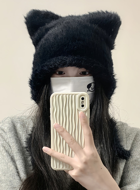 白色毛绒针织帽子女2023新款秋冬