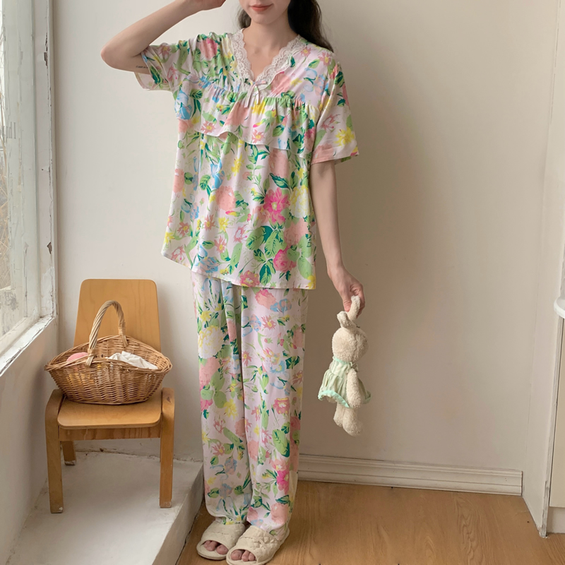 棉绸睡衣女夏季薄款防凸点短袖长裤人造棉套装人造棉家居服加大码 - 图3