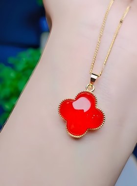 2025新款沙金四叶草吊坠黑色天然玛瑙时尚气质高级感项链饰品女款