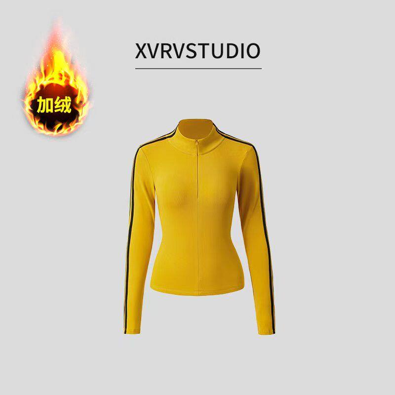 XVRV秋冬新款撞色条纹半拉链广场舞磨毛长袖显瘦百搭立领打底衫