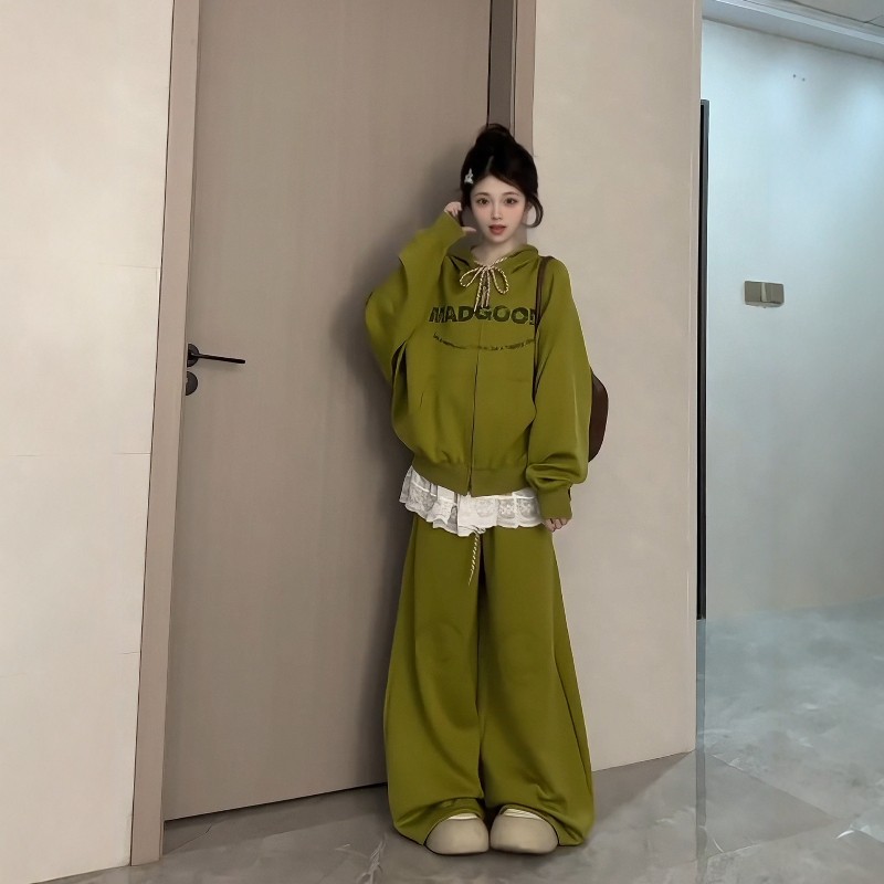 日系减龄休闲运动服套装女秋冬印花开衫卫衣外套阔腿裤宽松两件套,淘宝优惠券,粉丝福利购,淘宝优惠卷