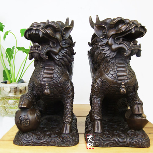 黄铜麒麟摆件一对大号中式招财火麒麟家居饰品玄关客厅店铺摆件 - 图1