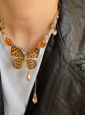 真蝴蝶甜酷辣妹流苏项链美拉德原创设计女气质串珠锁骨链叠戴小众