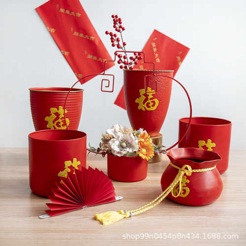 春节元宵喜庆福字福桶抱抱桶发财果红果插花桶摆件客厅麦穗干花桶 - 图1
