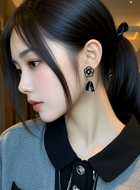 甜美甜酷辣妹黑色山茶花飘带耳环
