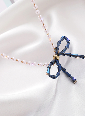 优雅孔雀蓝水晶蝴蝶结女超仙项圈