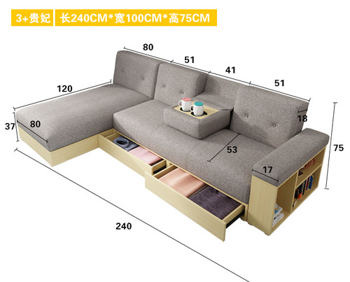 科技布沙发小户型客厅储物多功能贵妃可变床北欧日式沙发床折叠-图0
