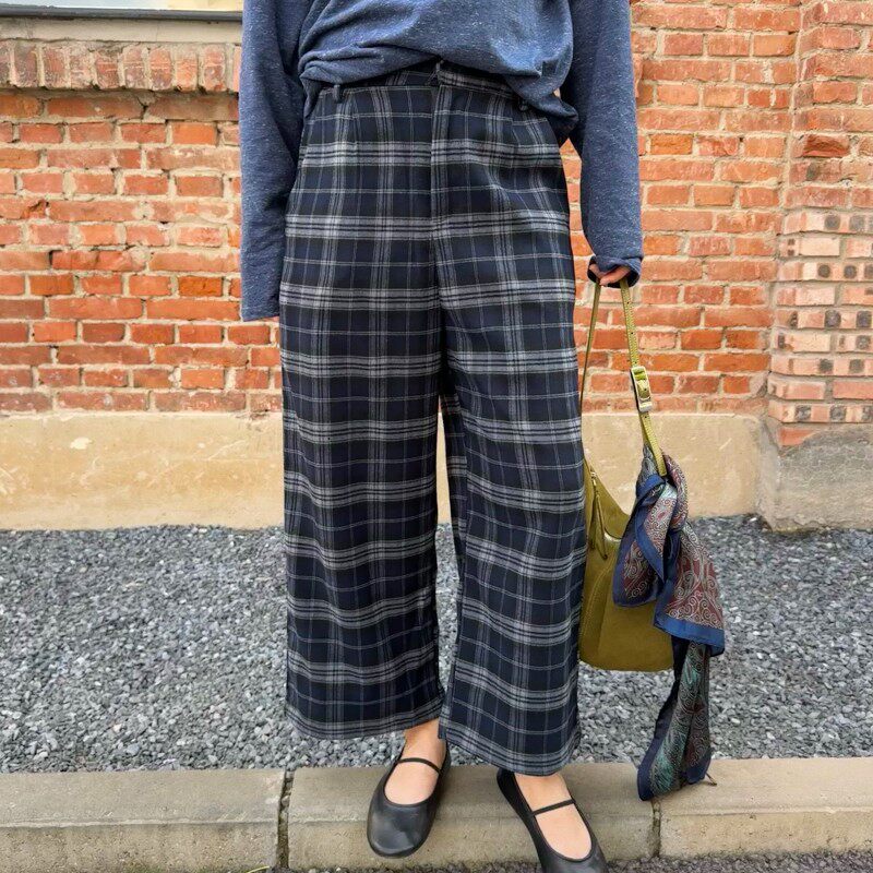 ACRAB 秋季英伦复古蓝色格纹毛呢九分阔腿高腰直筒裤休闲裤长裤女,淘宝优惠券,粉丝福利购,淘宝优惠卷