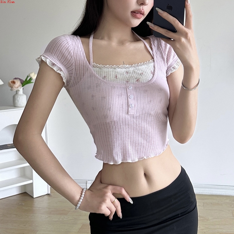 花边假两件挂脖针织短袖T恤Lace knitted short sleeved T-shirt - 图0