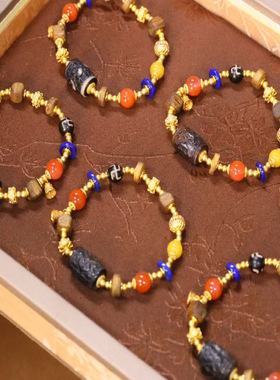 新款原创手串10mm牛骨搭配沉香木药片珠财神天珠檀木醒狮头手串