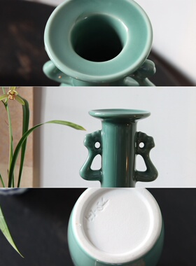 丸子家【当时的月亮】宋代器型青瓷凤耳纸槌瓶花器花瓶摆件