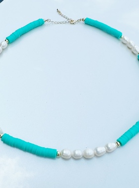 KST多巴胺湖蓝色软陶天然珍珠项链 波西米亚小众个性女生服饰颈链