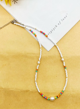 新款波西米亚风米珠天然珍珠项链 个性白色彩色混搭锁骨链 颈链女