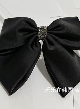 韩国东大门新款缎面黑色大蝴蝶结弹簧夹发饰女高级感水钻后脑发