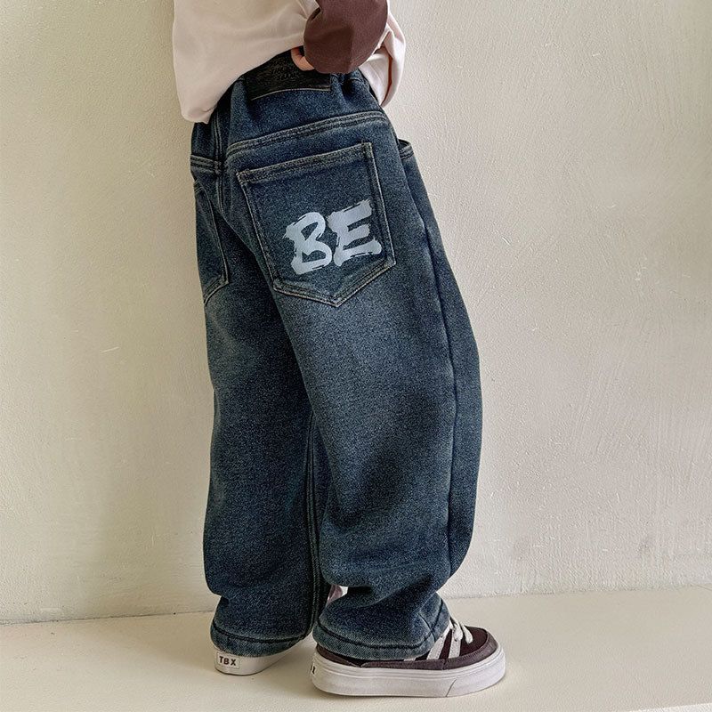 赛杜男童冬季童装字母印花加绒加厚冬装牛仔裤韩版 - 图0